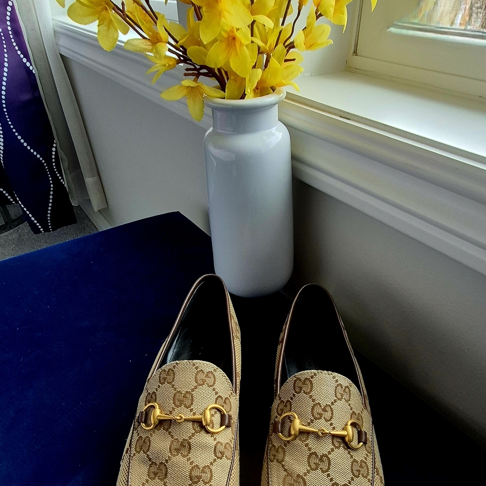 Gucci Beige Monogram Canvas Horsebit Loafers with Gold Hardware